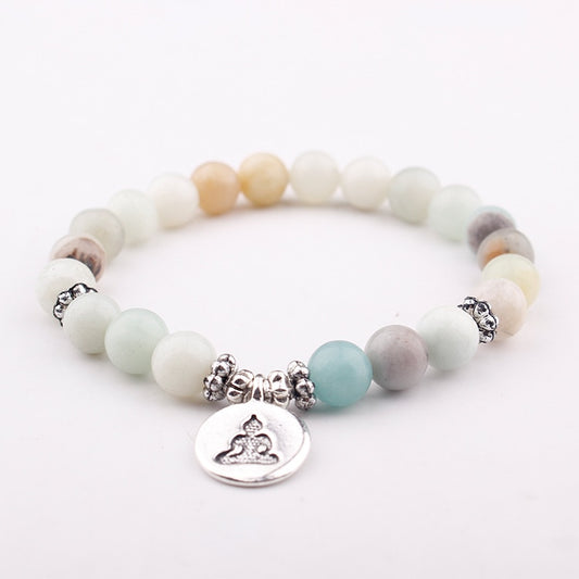 Namaste Wrist Mala Lotus Bracelet Natural Amazonite Meditation Healing Bracelet Mala Bracelet - Natural Vibe